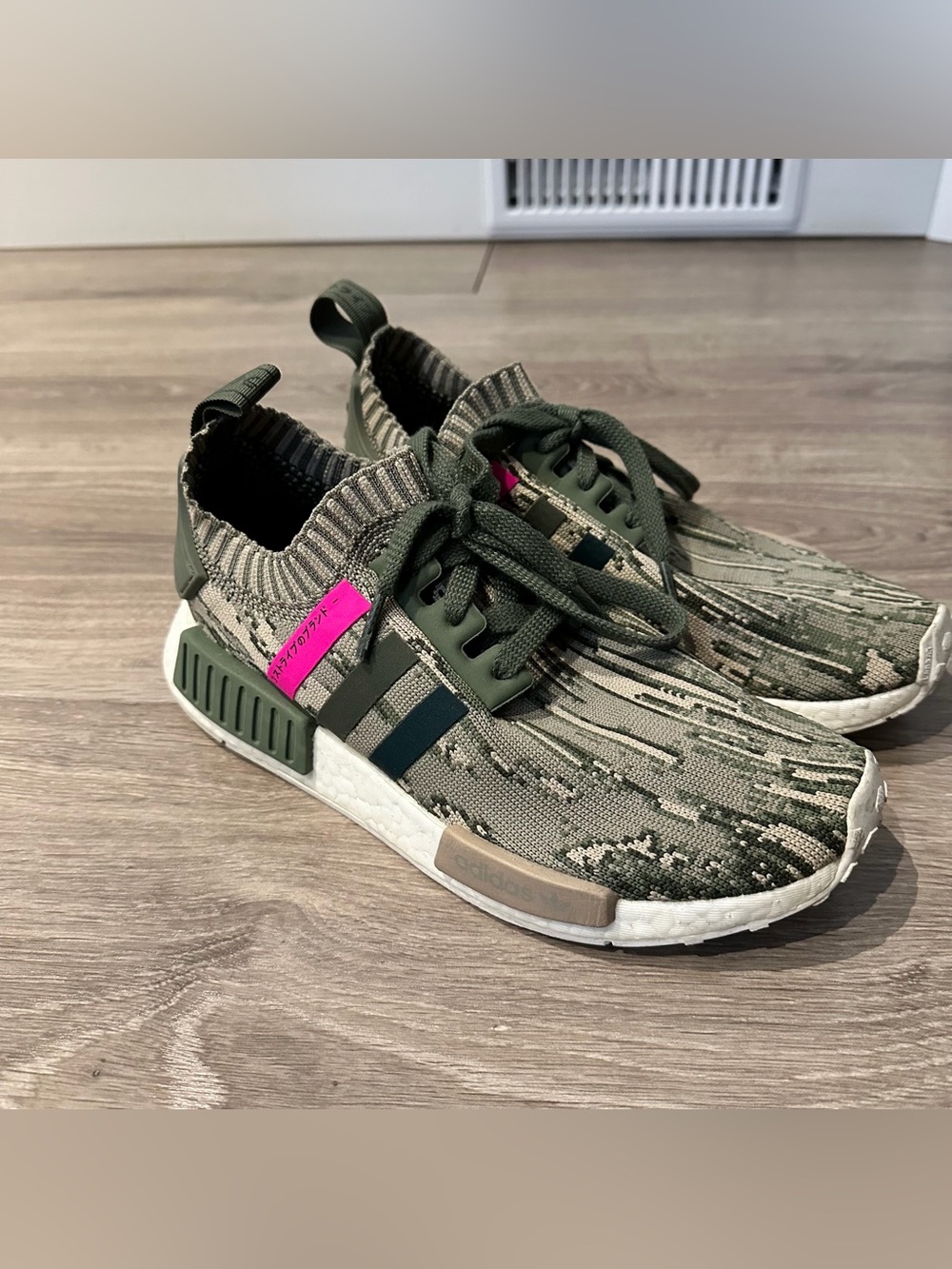 adidas Olive Camo Primeknit Sneakers with Pink Accent